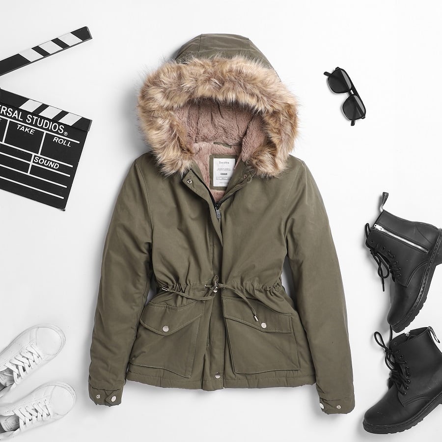 Áo khoác parka lót lông có mũ, Xuất Hàn Quốc hiệu Bershka!