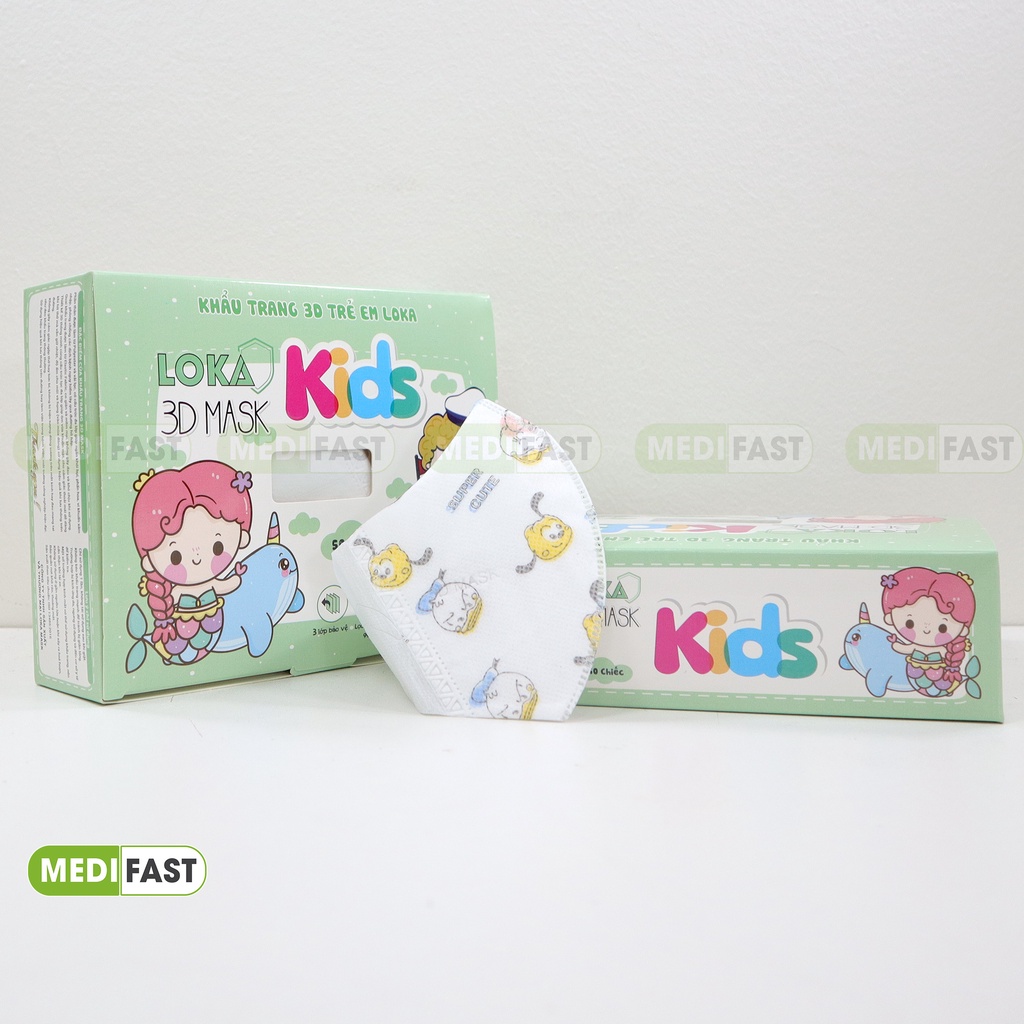 Khẩu trang cho bé ngăn ngừa bụi, kháng khuẩn - 3D mask kid Loka - Hộp 50 cái họa tiết dễ thương cho bé 2-10 tuổi