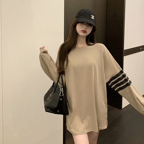 Áo thun COZOK tay dài dáng rộng màu tương phản phong cách Hàn Quốc dễ phối đồ