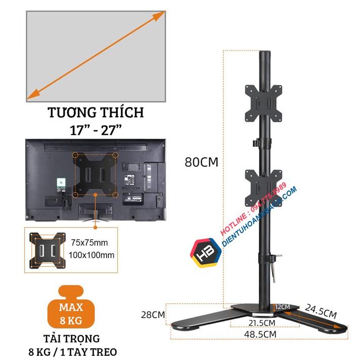 [Xếp Màn Trên / Dưới] Giá Treo Hai Màn Hình Máy Tính M073 17 - 27 Inch Đặt Bàn - Tay Đỡ Màn Hình Xoay 360 Độ