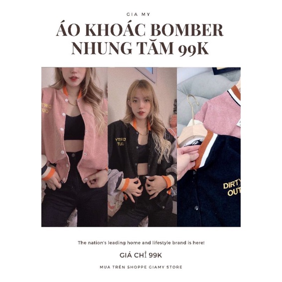 Áo Khoác Bomber Bóng Chày Nhung Tăm 99k 3 Màu Hồng +Đen + Trắng Hồng