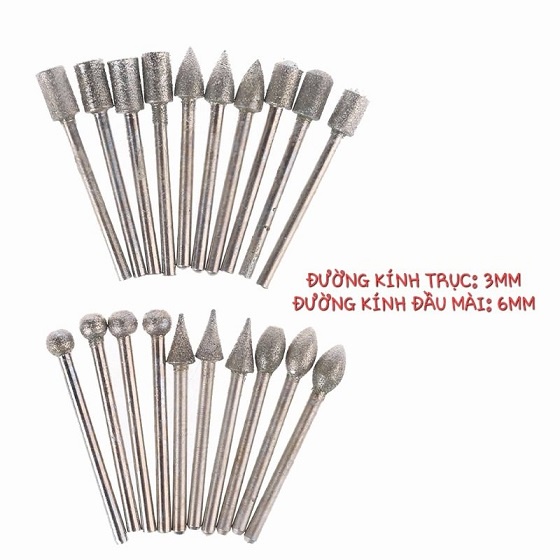 Bộ Phụ Kiện Máy Mài Cầm Tay Gồm 20 Mũi Mài Kim Cương Trục 3mm ∅6mm Tổng Chiều Dài 44mm Chuyên Dụng