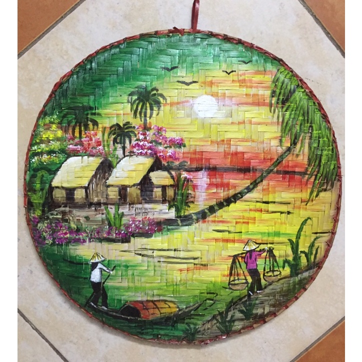 Tranh vẽ cảnh đồng quê Việt nam trên mẹt tre