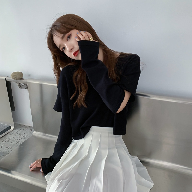 【ZHELIHANGFEI】Áo Len Tay Dài Form Rộng Lưng Cao Theo Phong Cách Preppy Dễ Phối Đồ