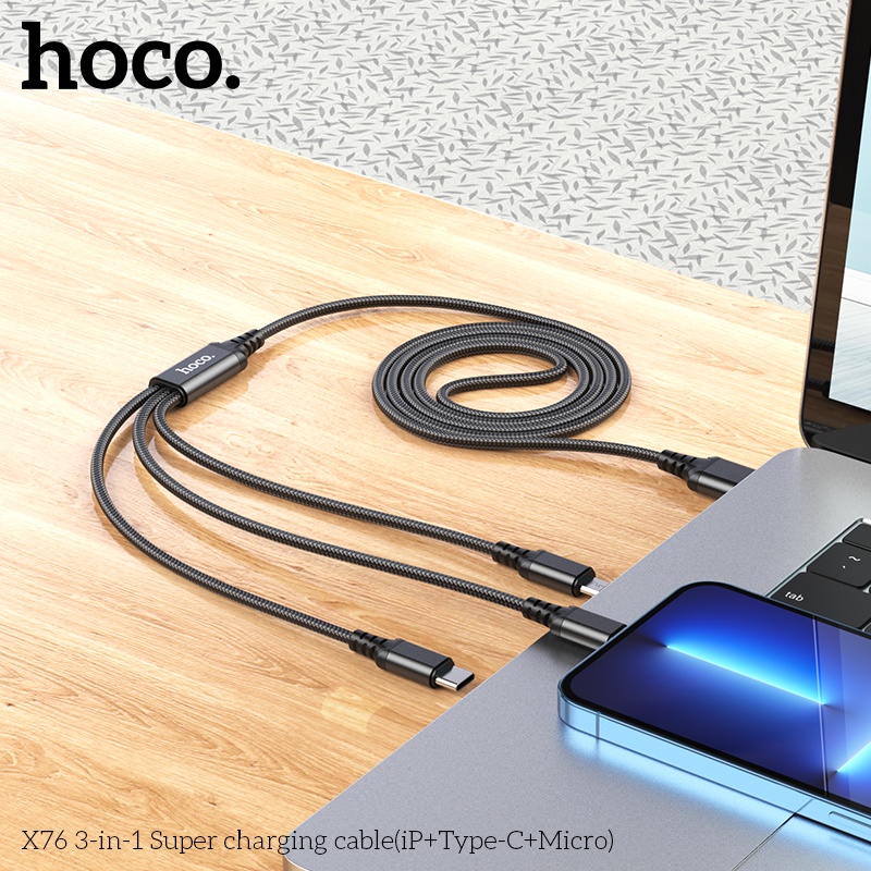 Cáp sạc đa năng Hoco X76 3 đầu IP Micro TypeC hỗ trợ dòng điện 2A dây bọc dù dài 1 mét