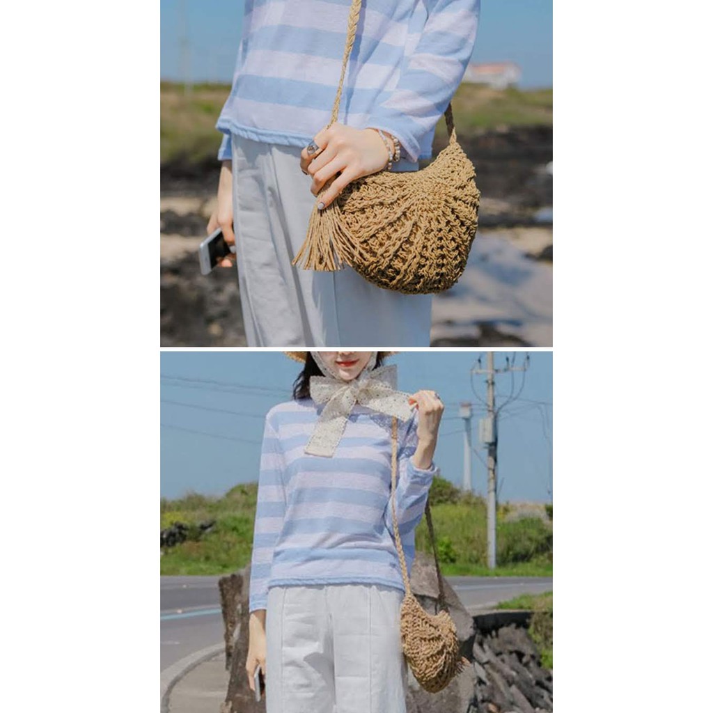 Túi Cói Phối Tua Rua Dáng Bán Nguyệt