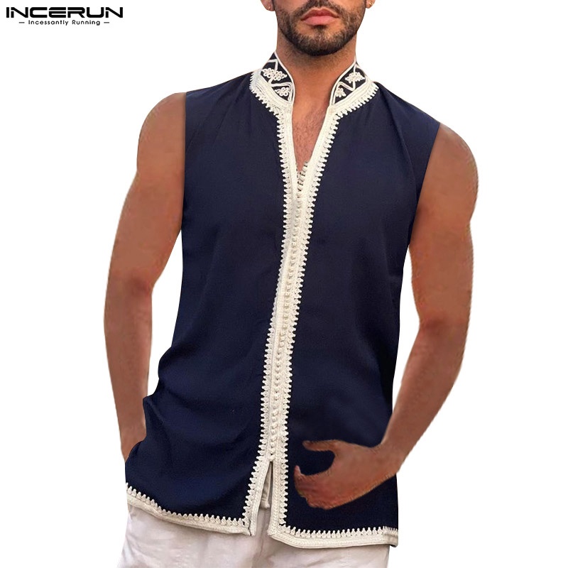 INCERUN Áo Ba Lỗ Cổ V Phong Cách Dân Tộc Retro Thời Trang Nam