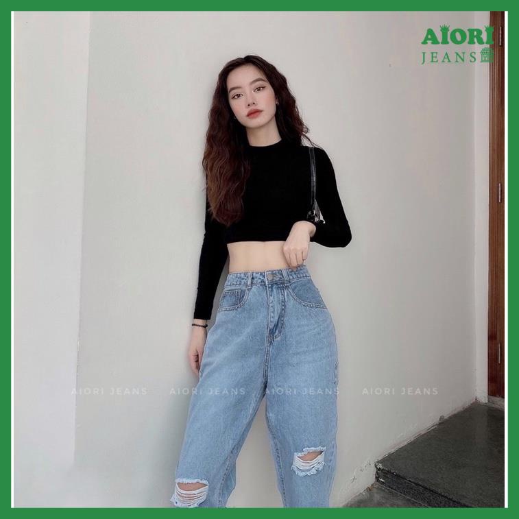 Quần Jeans Nữ, Quần Baggy Jeans Lưng Cao Baggy Bò Trơn Rách Ngang Gối Phong Cách Thời Trang_ Mã 33