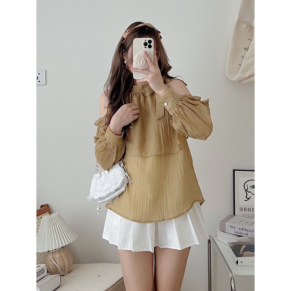 Áo babydoll cổ yếm thắt nơ hở vai viền bèo tiểu thư ulzzang