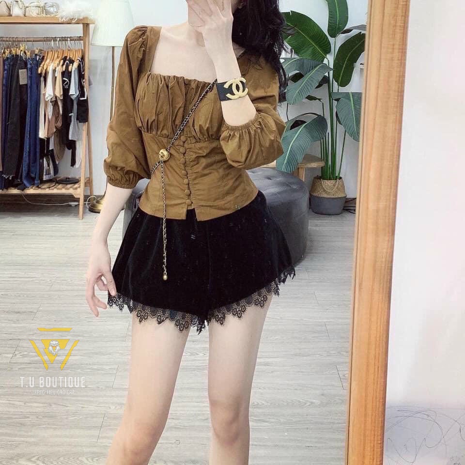 Quần short nhung cạp chun viền ren màu đen lưng cao ống rộng quần sooc đùi nữ thời trang Milofa