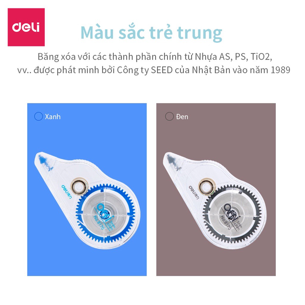 Set bút xóa băng cao cấp Deli Dài 30m/c - 2 chiếc/vỉ - 8170