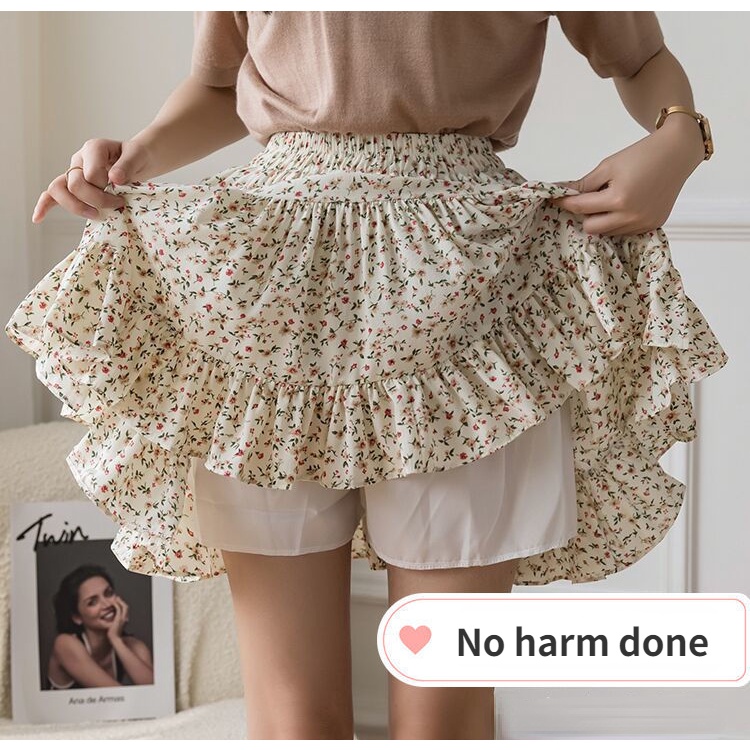 Chân Váy Chữ A Lưng Thun Phối Bèo In Họa Tiết Hoa Thời Trang Mùa Hè Hàn Quốc 2022 Mới