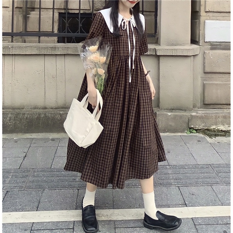 Váy Baby Doll Caro Vintage Cổ Búp Bê Thắt Nơ Xinh Xắn