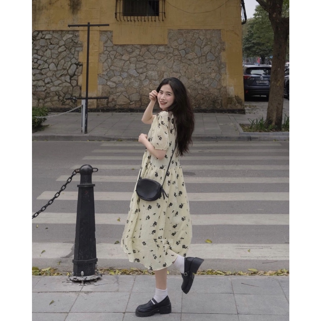 Váy Be Hoa Đen Phối Tay Chun PEONYB Nữ [FREESHIP] 🌸 Đầm đi biển dáng suông dài bánh bèo tiểu thư hàn quốc Ulzzang 🌸 | BigBuy360 - bigbuy360.vn