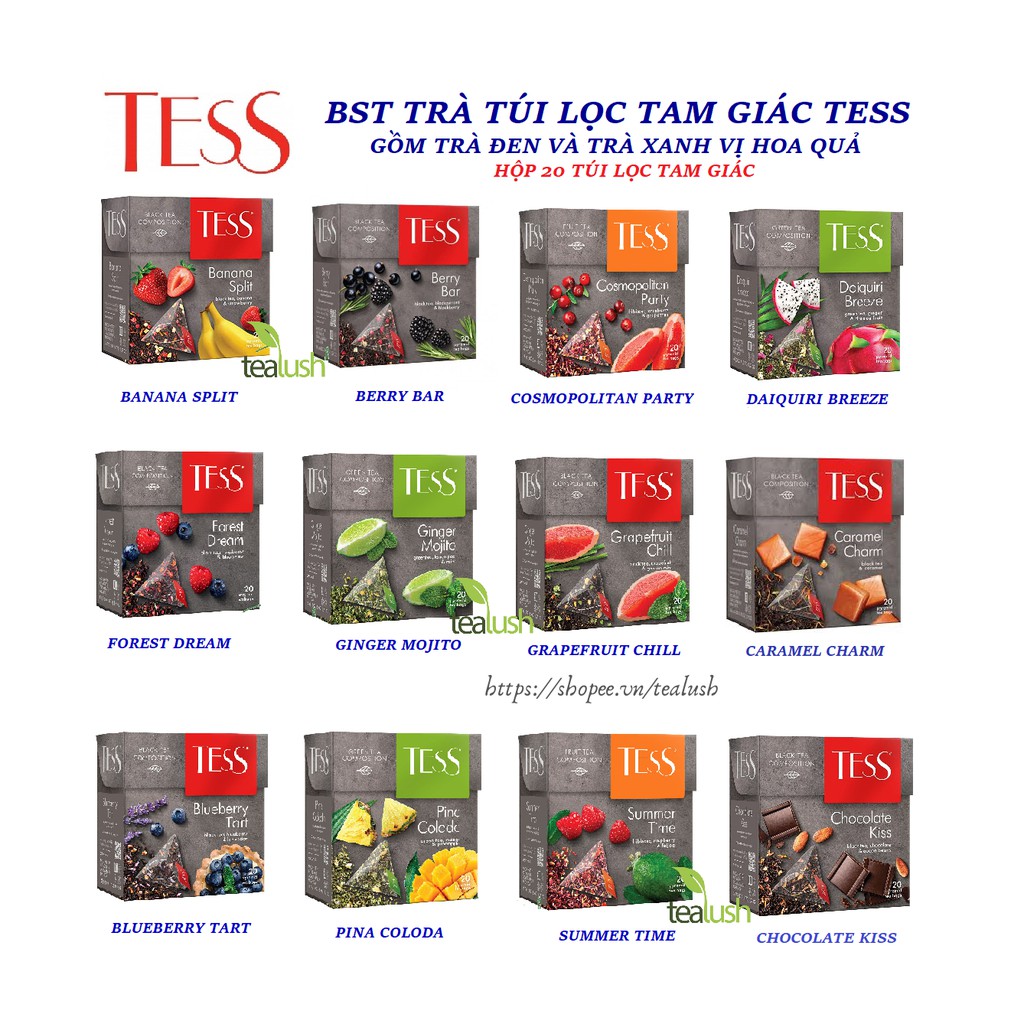 TESS BST TRÀ TÚI LỌC TAM GIÁC TRÀ ĐEN VÀ TRÀ XANH VỊ HOA QUẢ