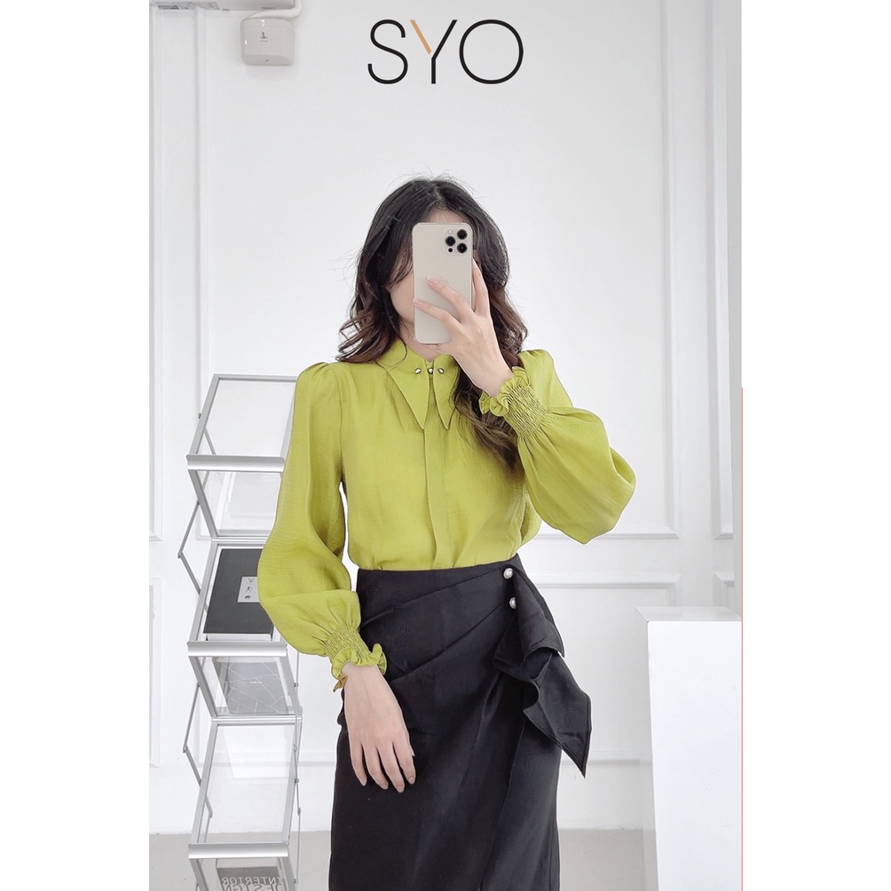 Áo sơ mi cánh én tay nhún màu xanh cốm SYO A1024