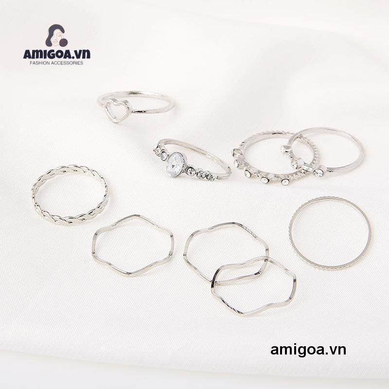 ✨✨Set 9 Nhẫn Đeo Ngón Tay Nhiều Màu Hình Trái Tim Phong Cách Hàn Quốc Cho Nữ