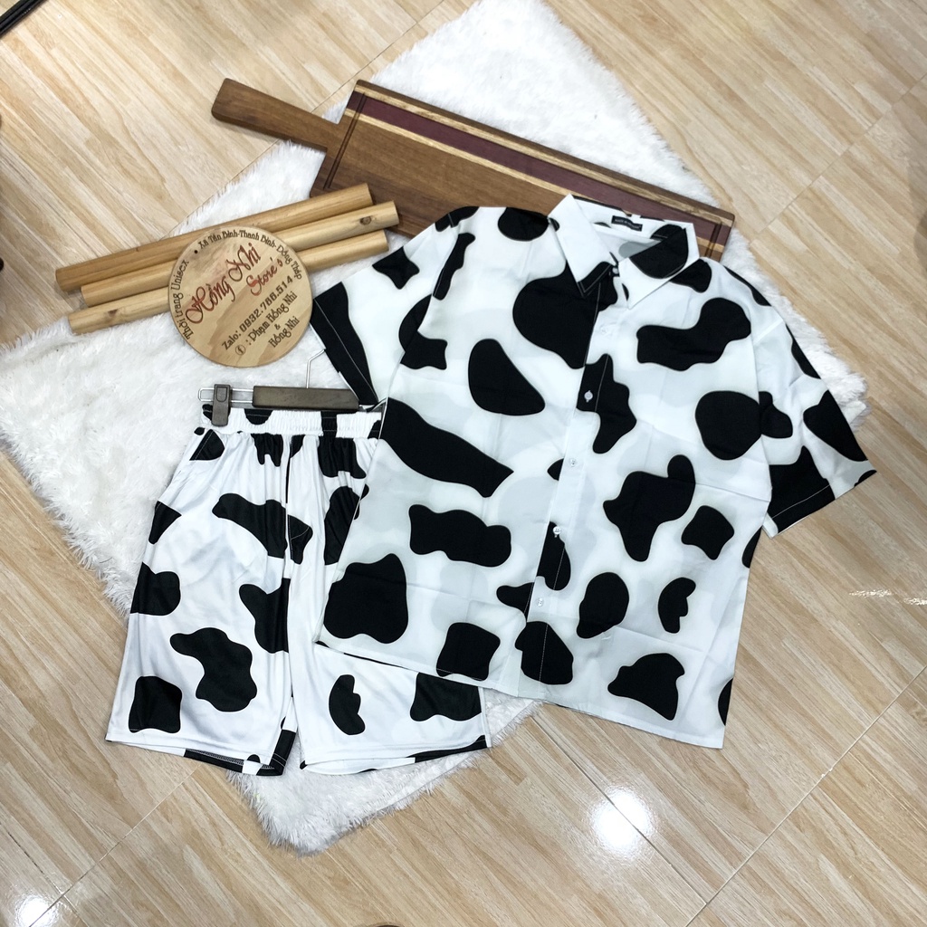 Set Bộ Áo Sơ Mi Họa Tiết Phối Quần Cartoon Đùi Dáng Rộng Ulzzang Unisex - MM