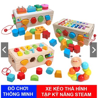 Đồ Chơi Gỗ Xe Kéo Thả Hình Khối Kết Hợp Số-Đàn-Bảng Phân Loại