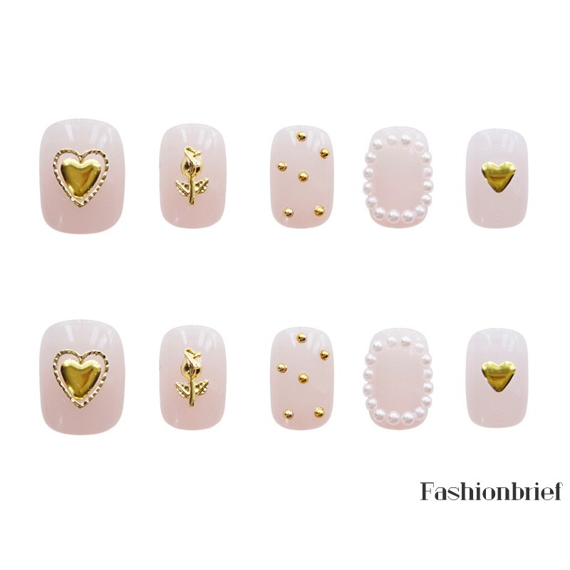 24pcs Gold Heart and Rose Flower Pattern Design Fake Nails Pearl Suitable Fairy Girls Decoration Wearable Finished Nails