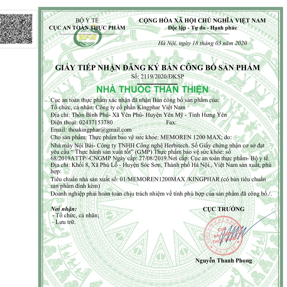 Viên bổ não Memoren 1200 Max Kingphar – Hỗ trợ hoạt huyết dưỡng não, tăng tập trung, giảm căng thẳng (Hộp 20 viên)