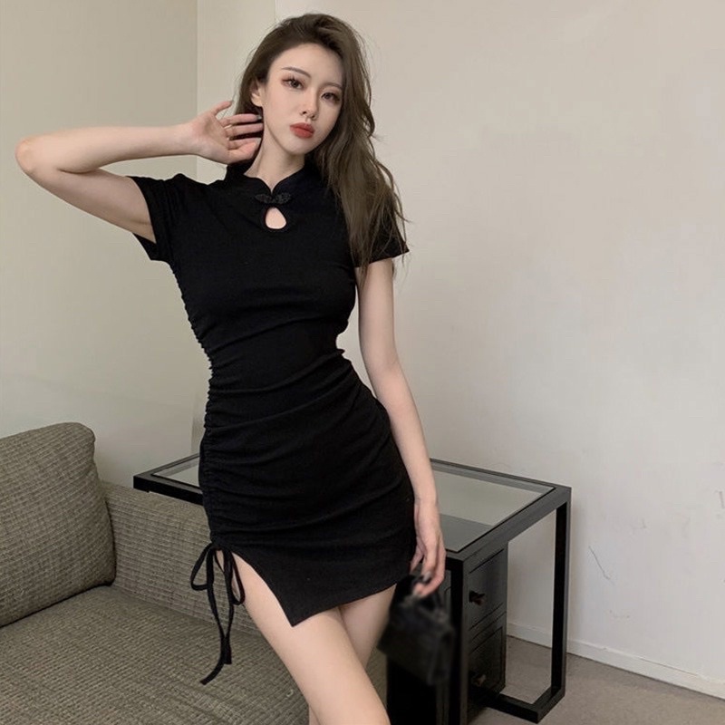 Đầm ôm body nữ kiểu cổ tàu tay ngắn xẻ đùi