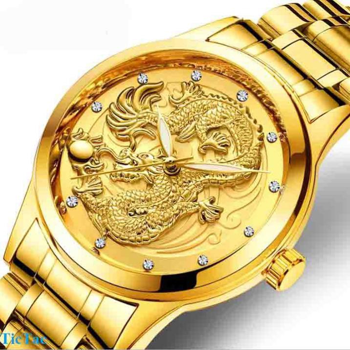 Đồng hồ cơ nam mặt rồng vàng cao cấp - Đồng hồ dây kim loại kiểu khóa bấm không gỉ