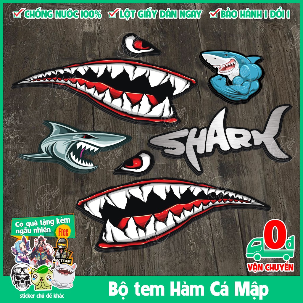 Bộ tem decal chống nước hình dán xe Hàm Răng Cá mập trang trí laptop, vali, tủ lạnh,...
