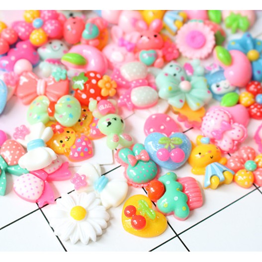 Túi combo 30-50-100 charm nơ, hoa, thú bông xinh xắn trang trí vỏ ốp điện thoại, dán Jibbitz, DIY