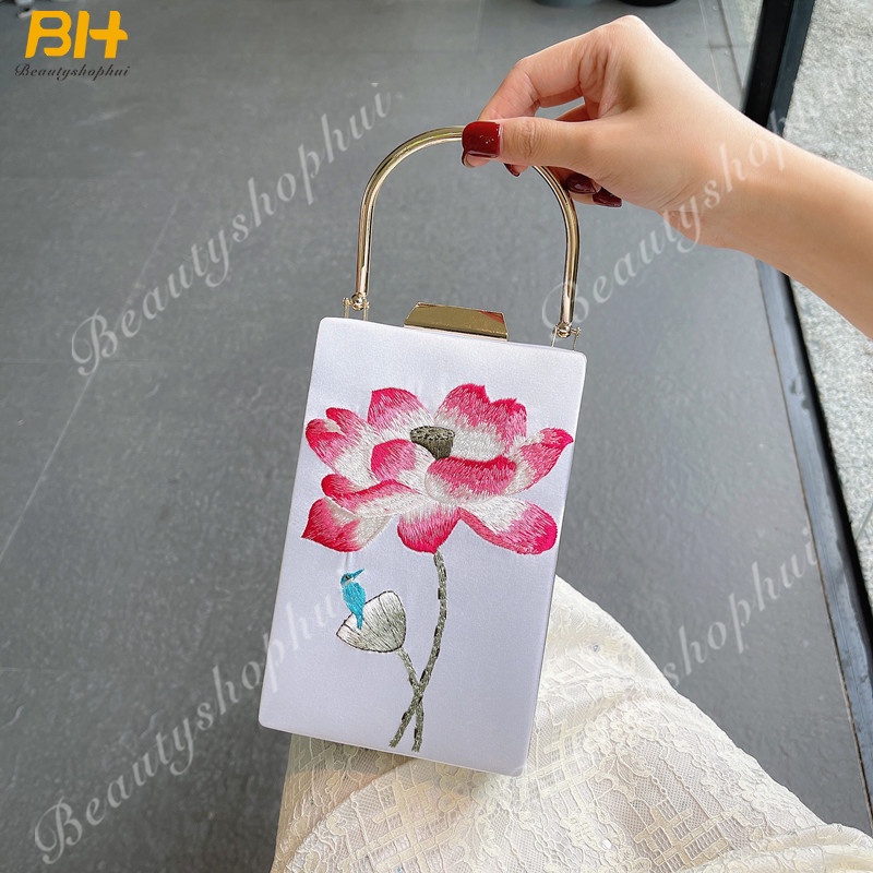 Ví Cầm Tay Họa Tiết Hoa Sen Phong Cách Trung Hoa Sang Trọng Cho Nữ