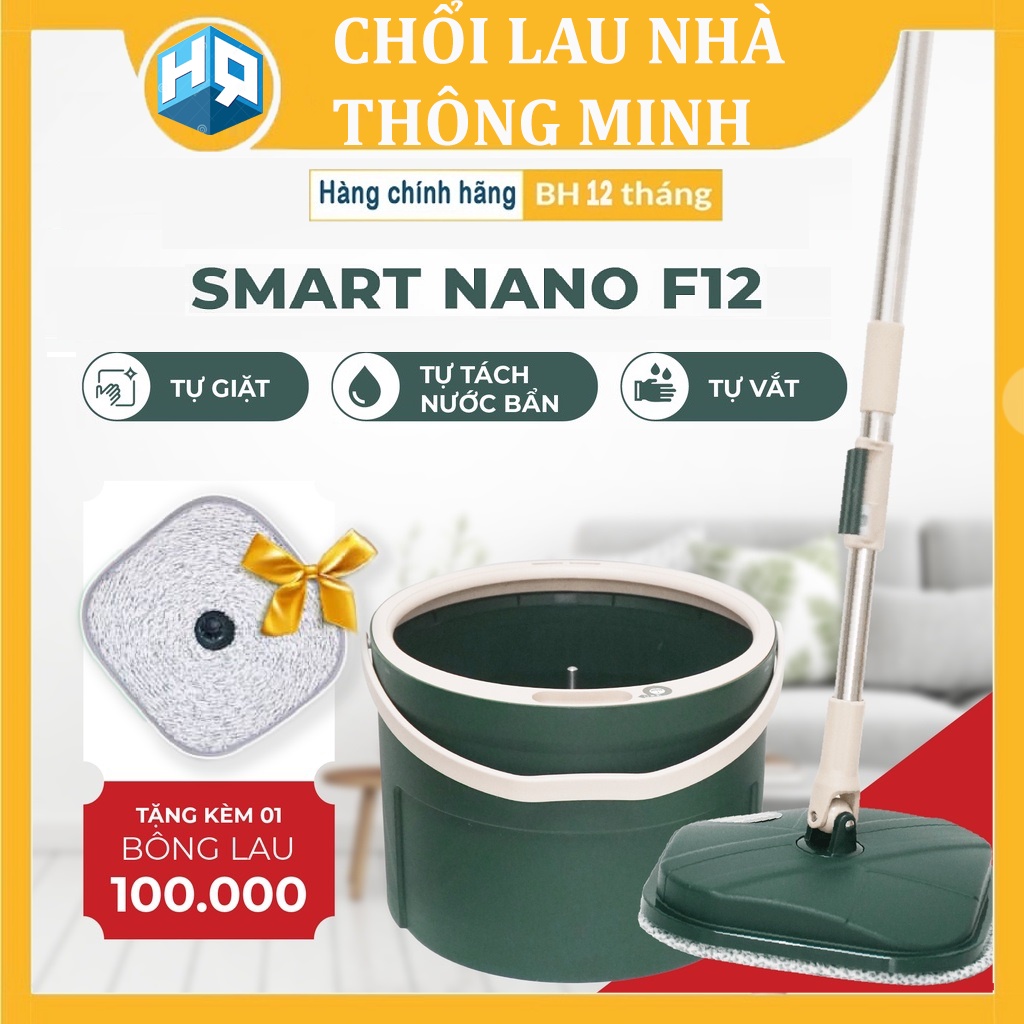 🔥 Đánh Sạch Vết Bẩn 🔥 Cây, Chổi Lau Nhà Thông Minh Smart Nano F12 Xoay 360 Độ - Miếng Lau Tròn Siêu Thấm Chất Bẩn