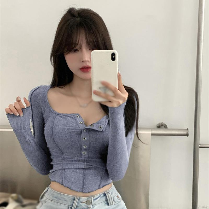 Áo croptop tay dài màu sắc thanh lịch thời trang xinh xắn