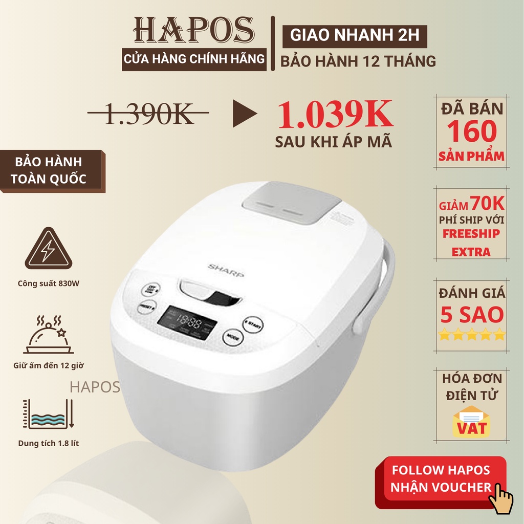 Nồi cơm điện tử Sharp 1.8 lít có xửng hấp 830W cho gia đình 4-6 người - HAPOS