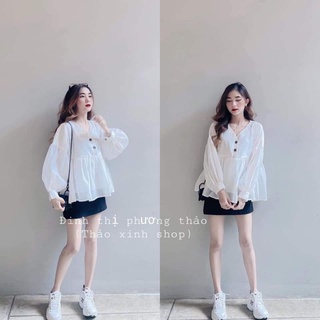 Áo sơ mi trắng babydoll voan tơ cúc gỗ