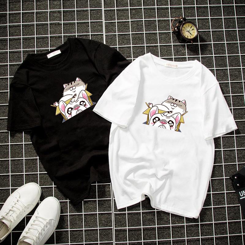 Áo thun unisex form rộng in mèo bụng bự chibi dễ thương vải dày mịn 2019T1105