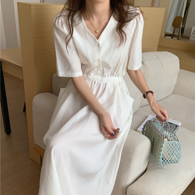 SUXI Đầm Midi Cổ Chữ V Màu Sắc Đơn Giản Phong Cách Hàn Quốc Cổ Điển Thời Trang Cho Nữ