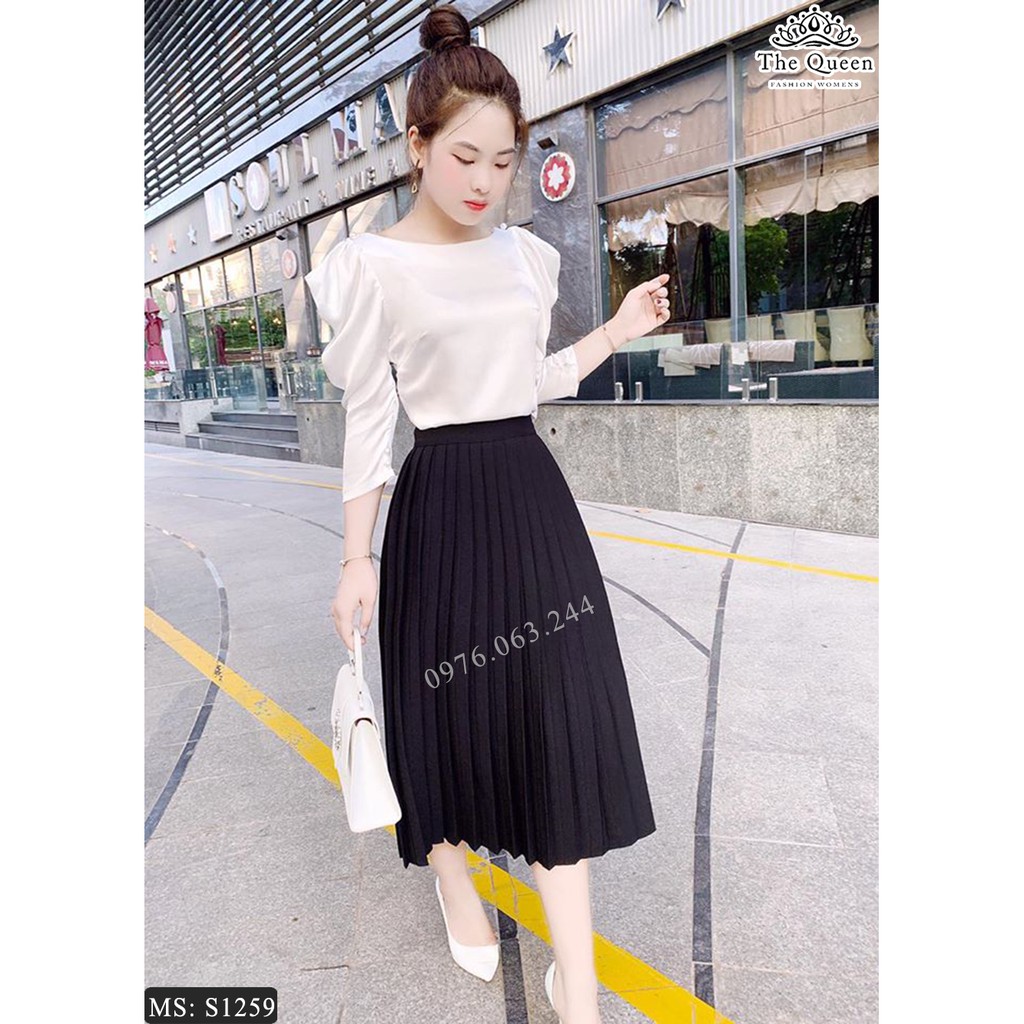 Set áo trắng tay bồng chân váy lỡ xếp ly S1259 (Video quay bởi THE QUEEN FASHION)