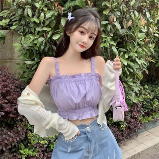 (mới) ÁO HAI DÂY CROPTOP ĐŨI CHUN VIỀN BÈO TÍM TRẮNG - ÁO CROPTOP 2 DÂY CHUN TÍM