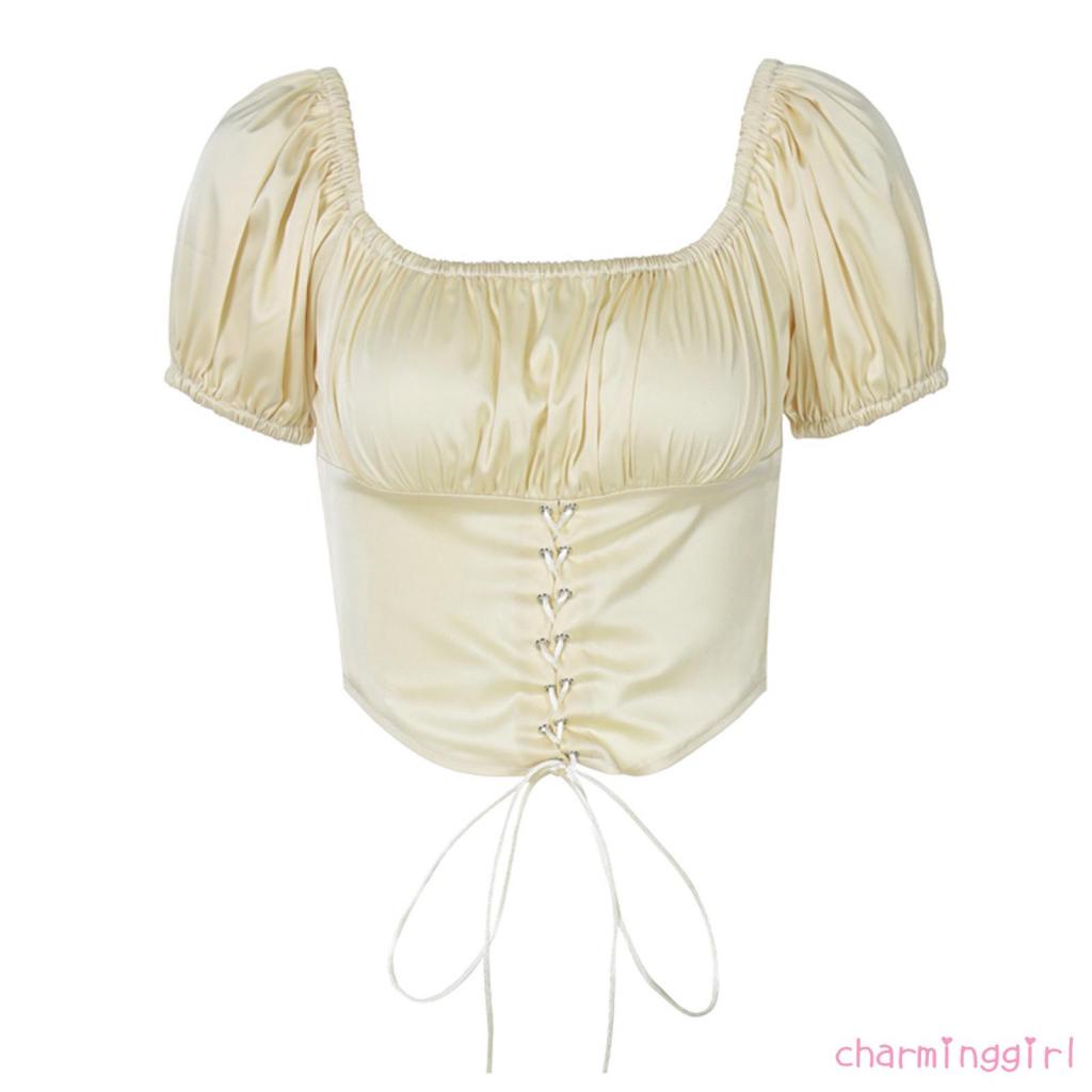 Áo thun tay phồng màu sắc trơn phong cách Hàn Quốc cho nữ