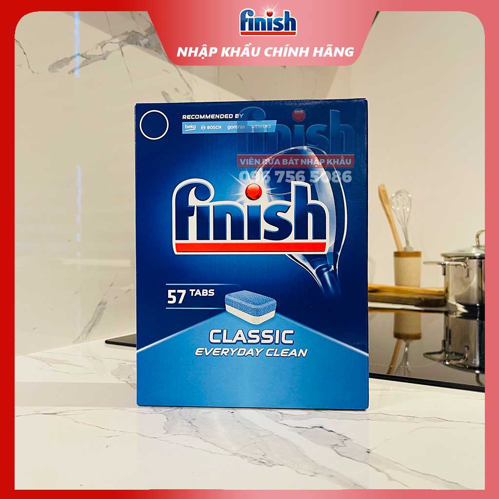 Viên rửa bát Finish Classic 57/60/90/100/110/120 viên, ngâm và làm sạch sâu các vết dầu mỡ cứng, an toàn với sức khoẻ