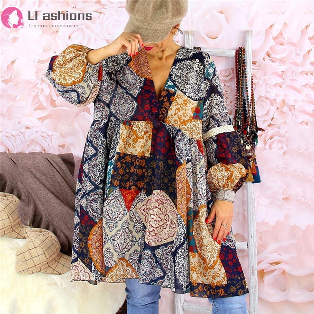 Autumn Women V-neck Bohemia Print Dress Lantern Sleeve Loose Long Section Tops | BigBuy360 - bigbuy360.vn