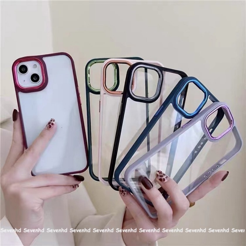 Ốp Điện Thoại Acrylic Chống Sốc Viền Mạ Màu Xanh Dương Đậm Cho iPhone 14 13 12 11 Pro Max X XR Xs Max 8 7 6 6s Plus SE 2020
