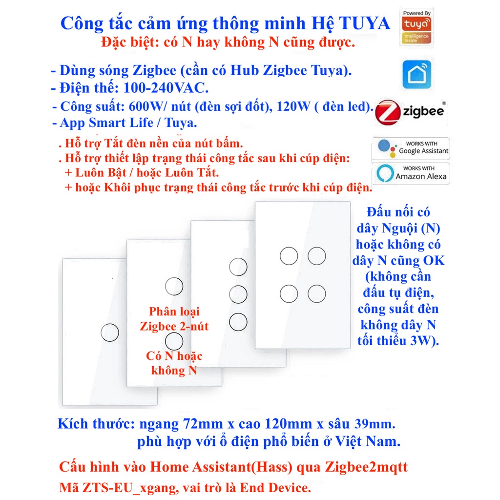 Công tắc thông minh Zigbee Tuya, có N hoặc không N , App Smart Life / Tuya Smart / Home Assistant  -
