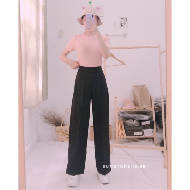 Quần ống rộng culottes suông dài chất dày cao cấp lưng cao 2 màu đen be hình thật