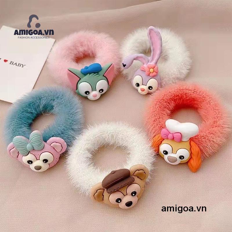 Dây Cột Tóc Cao Su Phối Lông Nhung Họa Tiết Hoạt Hình Đáng Yêu Cho Bé