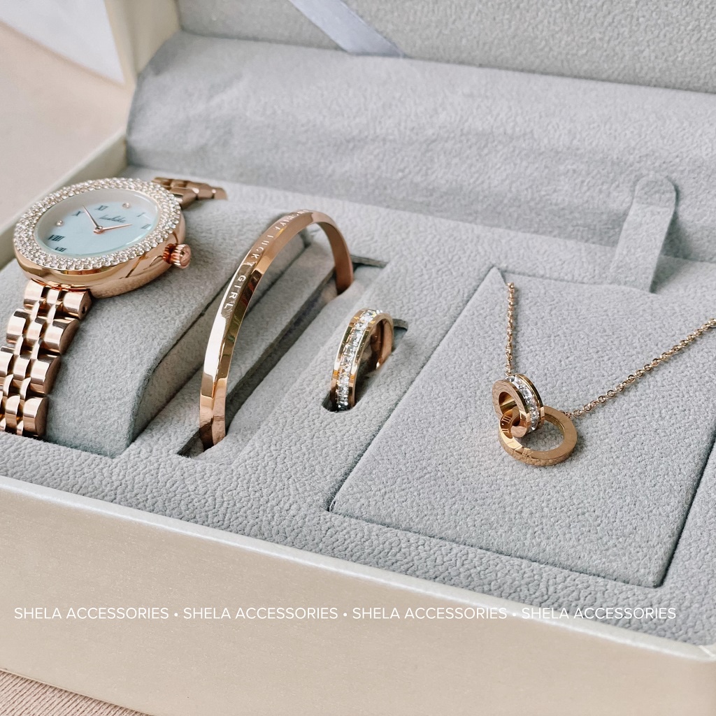 Đồng hồ nữ chính hãng dây kim loại LUSHIKA set 4 món đính đá sang chảnh màu vàng hồng LK01