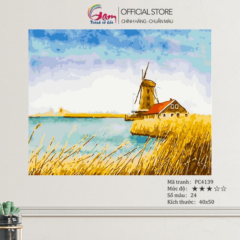 Tranh sơn dầu số hoá trang trí tường GAM phong cảnh đồng lúa cối xay gió PC4139 khổ 40x50cm đã căng