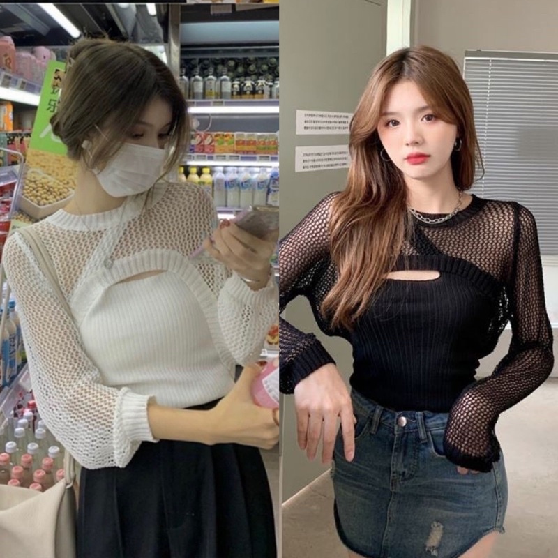 Set áo ống dây chéo vai kèm croptop lưới