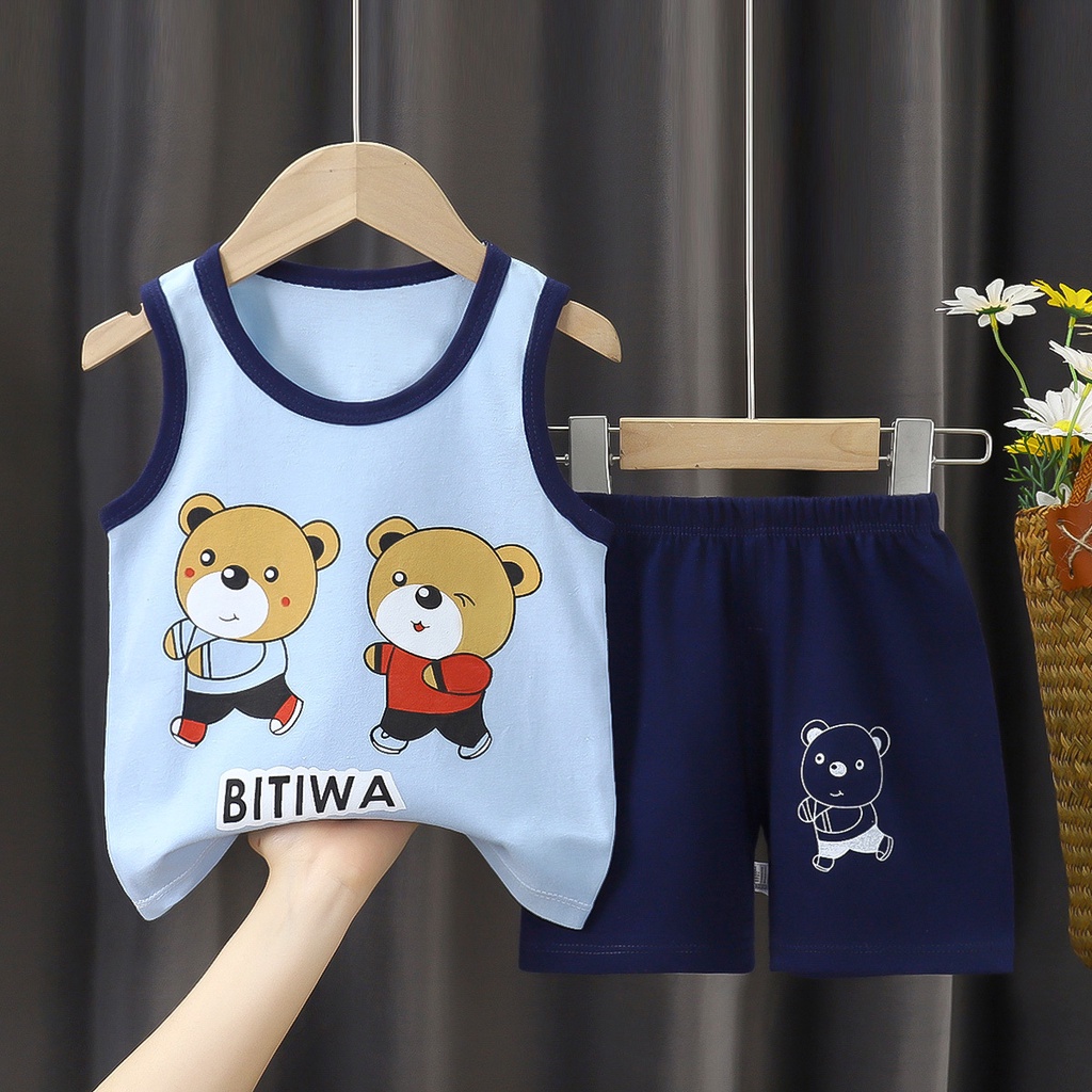 Bộ Đồ 2 Món Áo Dệt Kim Không Tay Quần Ngắn Vải Cotton Thấm Hút Mồ Hôi In Hoạt Hình Dành Cho Bé Trai Gái