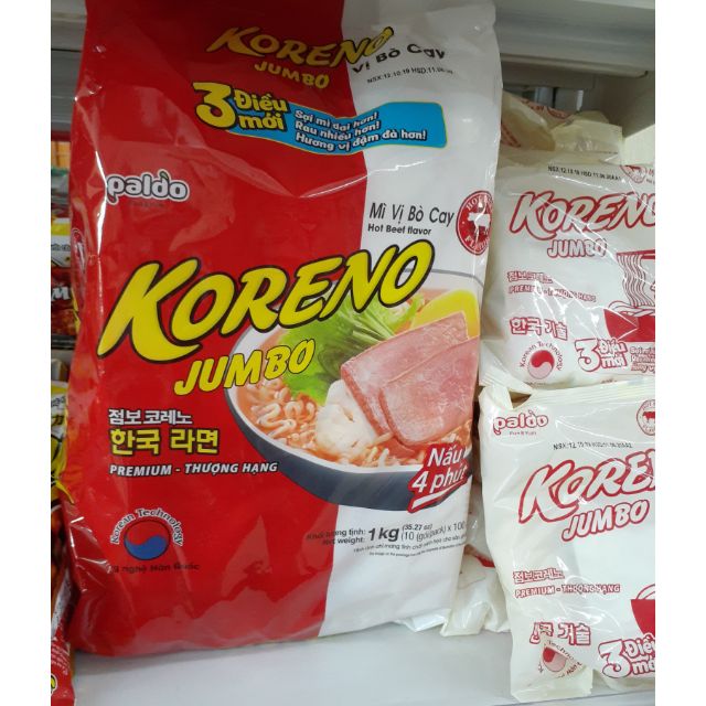 1Kg MÌ KORENO JUMBO BÒ CAY HÀN QUỐC 10 GÓI 100G